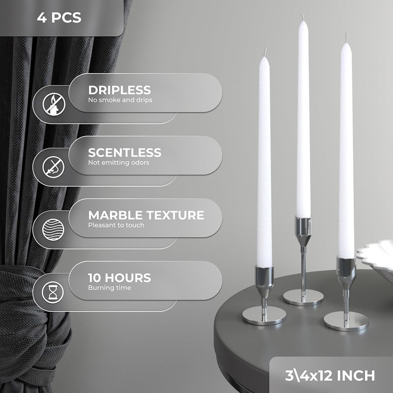 CANDWAX White Taper Candles 12 inch Dripless - Set of 4 Tapered Candles Ideal for Dinner - Smokeless and Unscented Candlesticks - Image 2